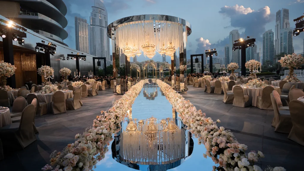 Outdoor wedding setup at Armani Pavilion beneath Burj Khalifa, Dubai